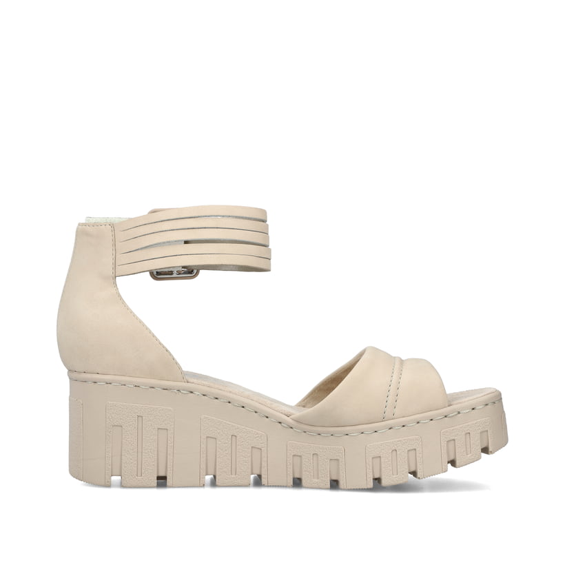 Beige vegane Rieker Keilsandaletten 68093-60 mit trendigen Schnalle. Schuh Innenseite.