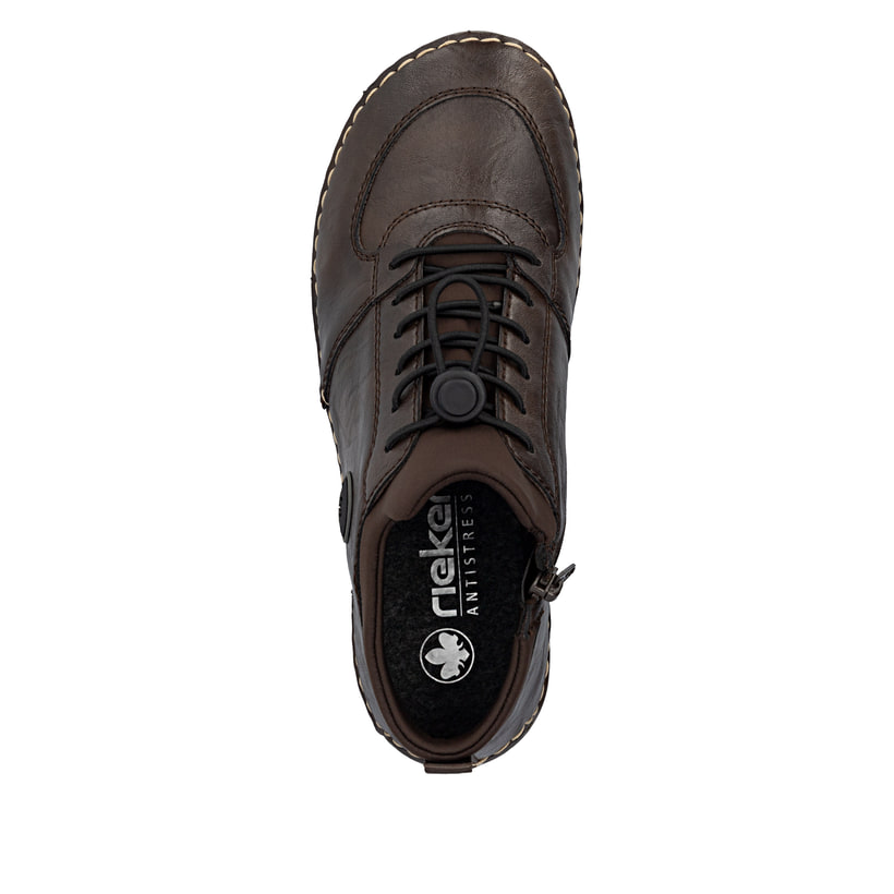 Dunkelbraune Rieker Damen Kurzstiefel 52557-25 mit einem Reißverschluss. Schuh von oben.