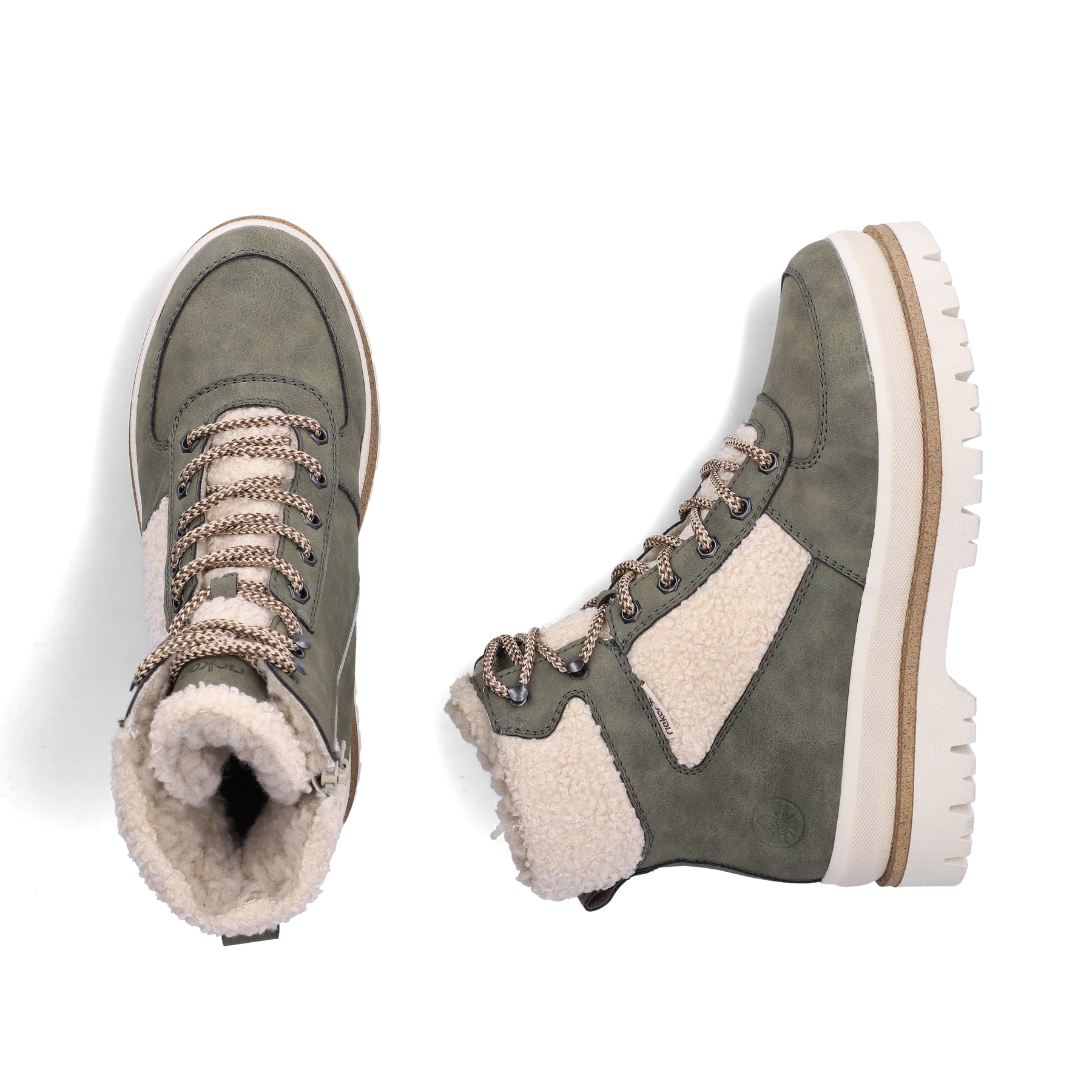 Vegane, khaki-beige Rieker Damen Schnürstiefel Y6214-54 mit Teddyfell-Details. Schuh von oben, liegend.