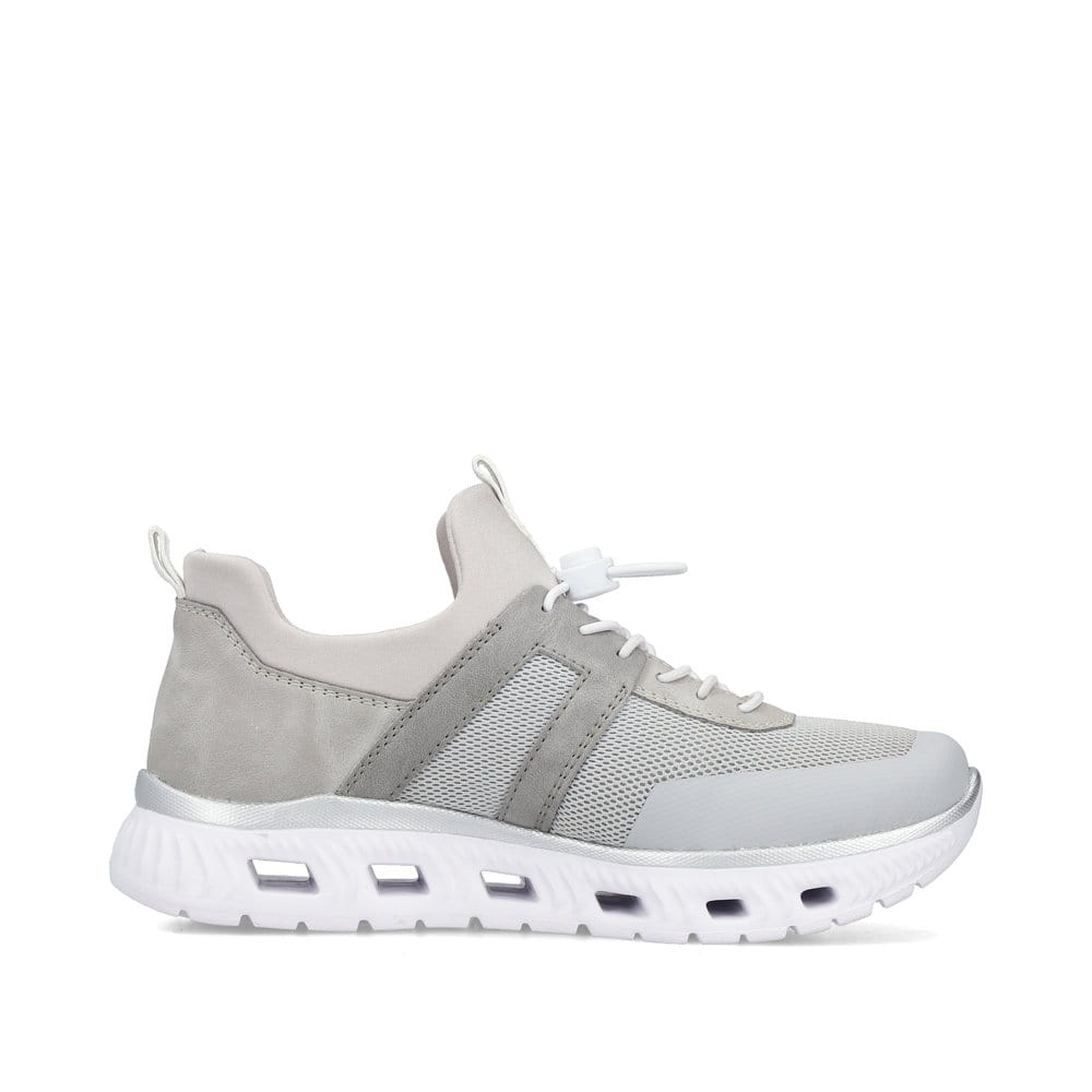 Graue Rieker Damen Sneaker Low M6061-40 mit einem Gummizug sowie Komfortweite G. Schuh Innenseite.