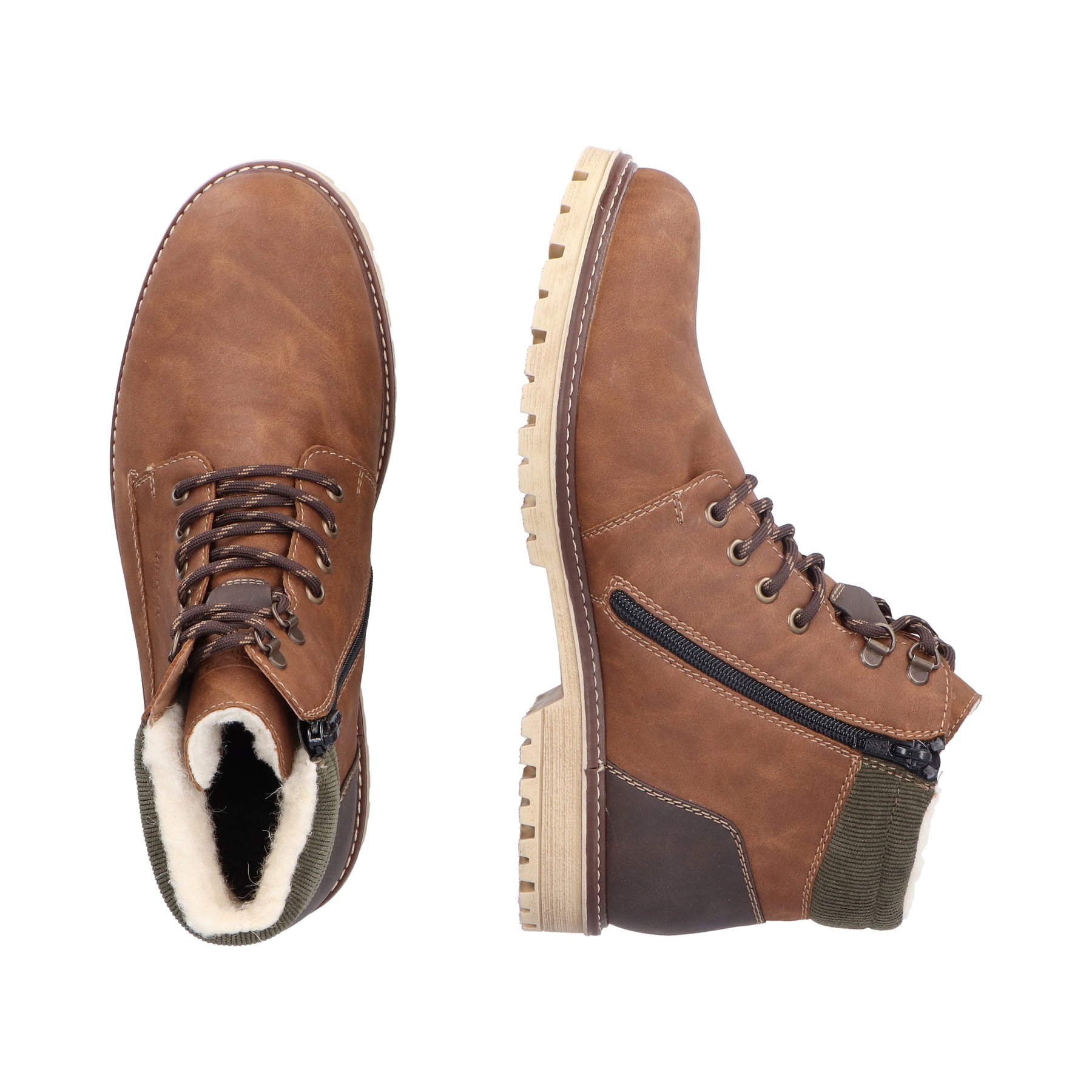 Braune Rieker Herren Schnürstiefel F3611-25 mit wasserabweisender TEX-Membran. Schuh von oben, liegend.