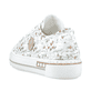 Weiße Rieker Damen Sneaker Low L8843-90 mit Schnürung sowie floralem Muster. Schuh von hinten.