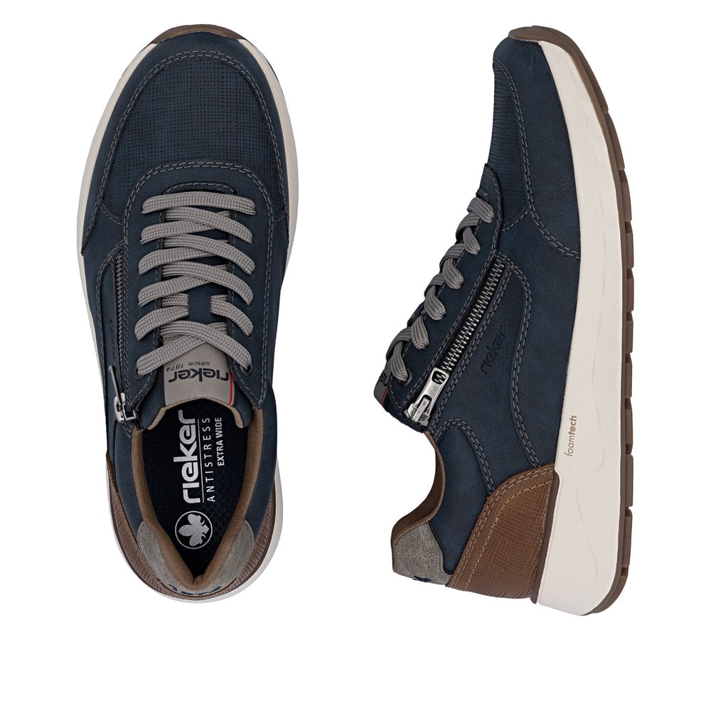 Baskets basses Rieker bleues pour homme 11504-14 avec fermeture éclair. Chaussure vue de dessus, couchée.