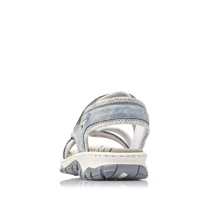Blaue Rieker Damen Trekkingsandalen 68879-12 mit einem Klettverschluss. Schuh von hinten.