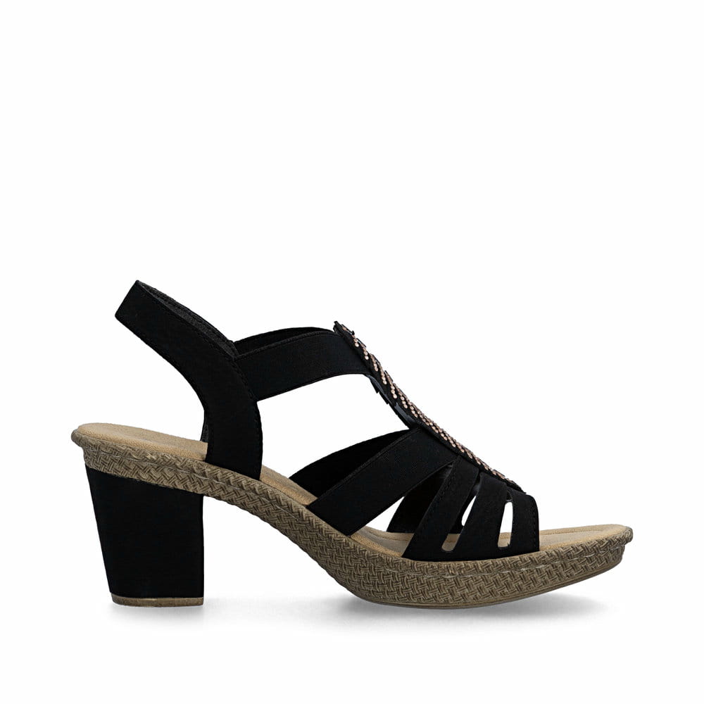 Schwarze Rieker Riemchensandaletten 66526-00 mit Strasssteinen sowie Gummizug. Schuh Innenseite.