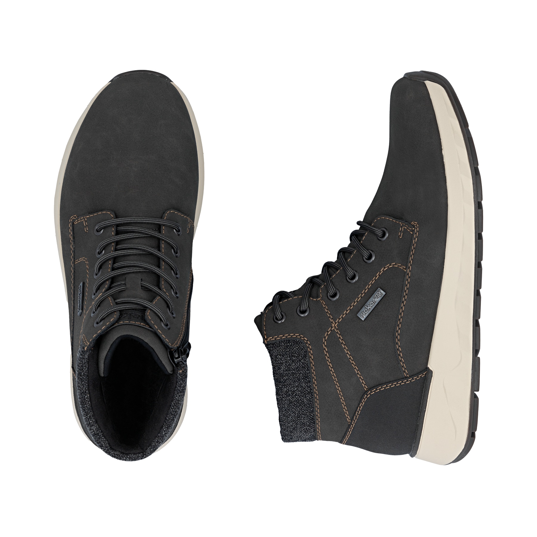 Graue Rieker Herren Schnürstiefel 11502-45 mit wasserabweisender TEX-Membran. Schuh von oben, liegend.