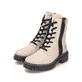 
Vanillebeige Rieker Damen Biker Boots 72634-60 mit Schnürung und Reißverschluss. Schuhpaar schräg.