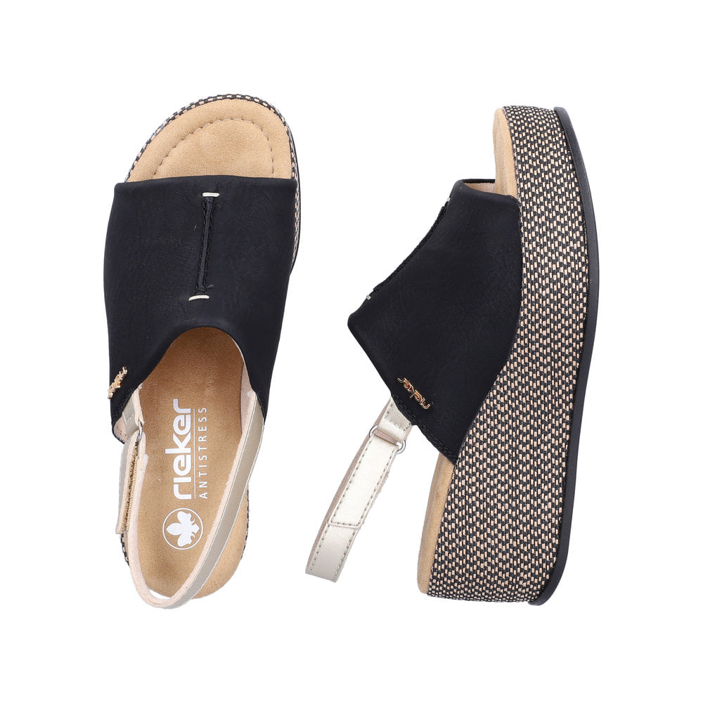 Schwarze Rieker Damen Sandalen 69460-00 mit moderner Spannnaht. Schuh von oben, liegend.