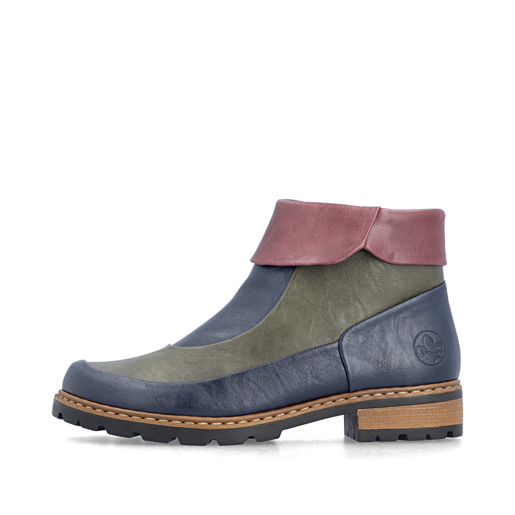 Dunkelblau-weinrote Rieker Damen Kurzstiefel Z9383-90 mit einem Reißverschluss. Schuh Außenseite.