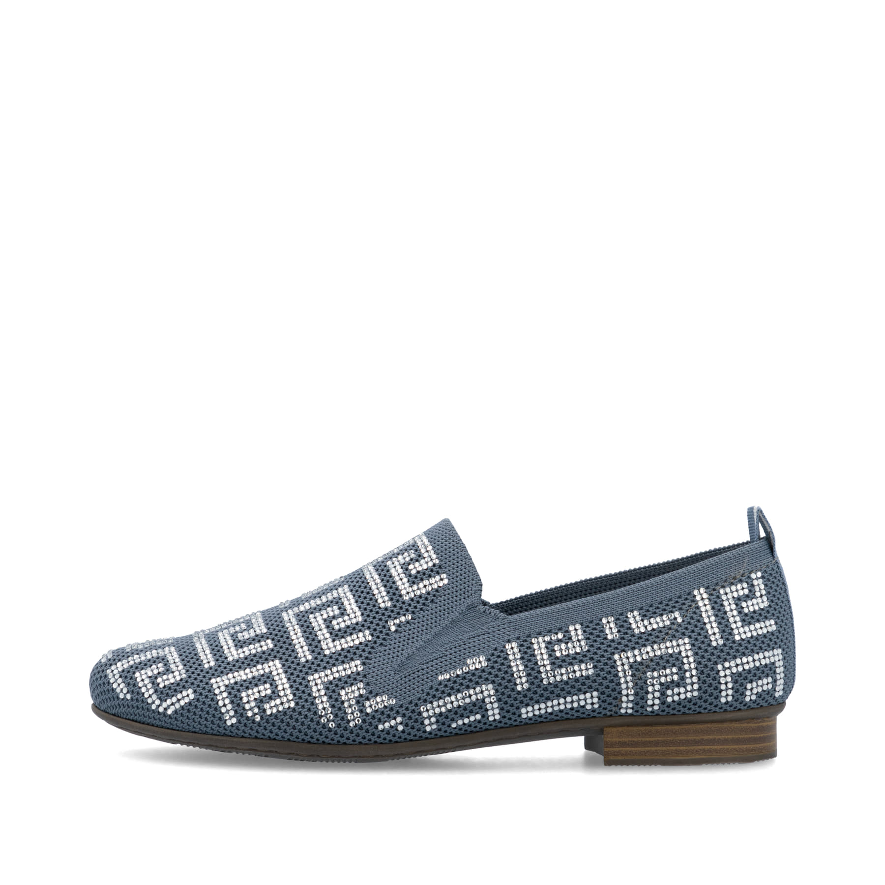 Blaue Rieker Damen Loafer 51953-12 mit Gummizug sowie extra weicher Decksohle. Schuh Außenseite.