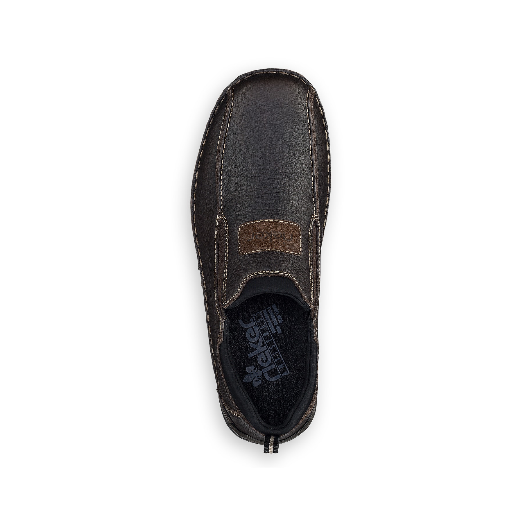 Dunkelbraune Rieker Herren Slipper 05363-25 aus Glattleder. Schuh von oben.