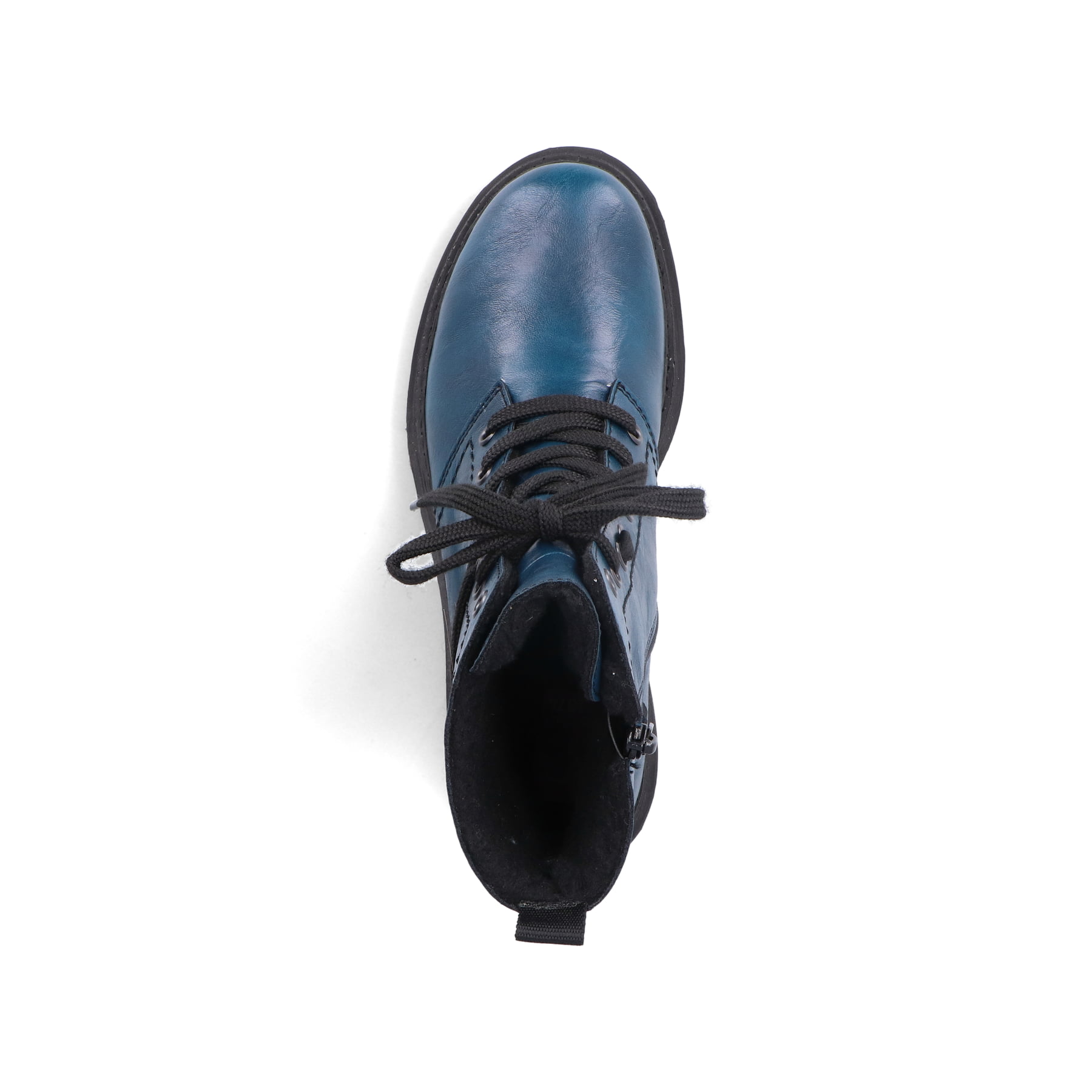 Cyanblaue Rieker Damen Biker Boots 72675-12 mit einer schockabsorbierenden Sohle. Schuh von oben