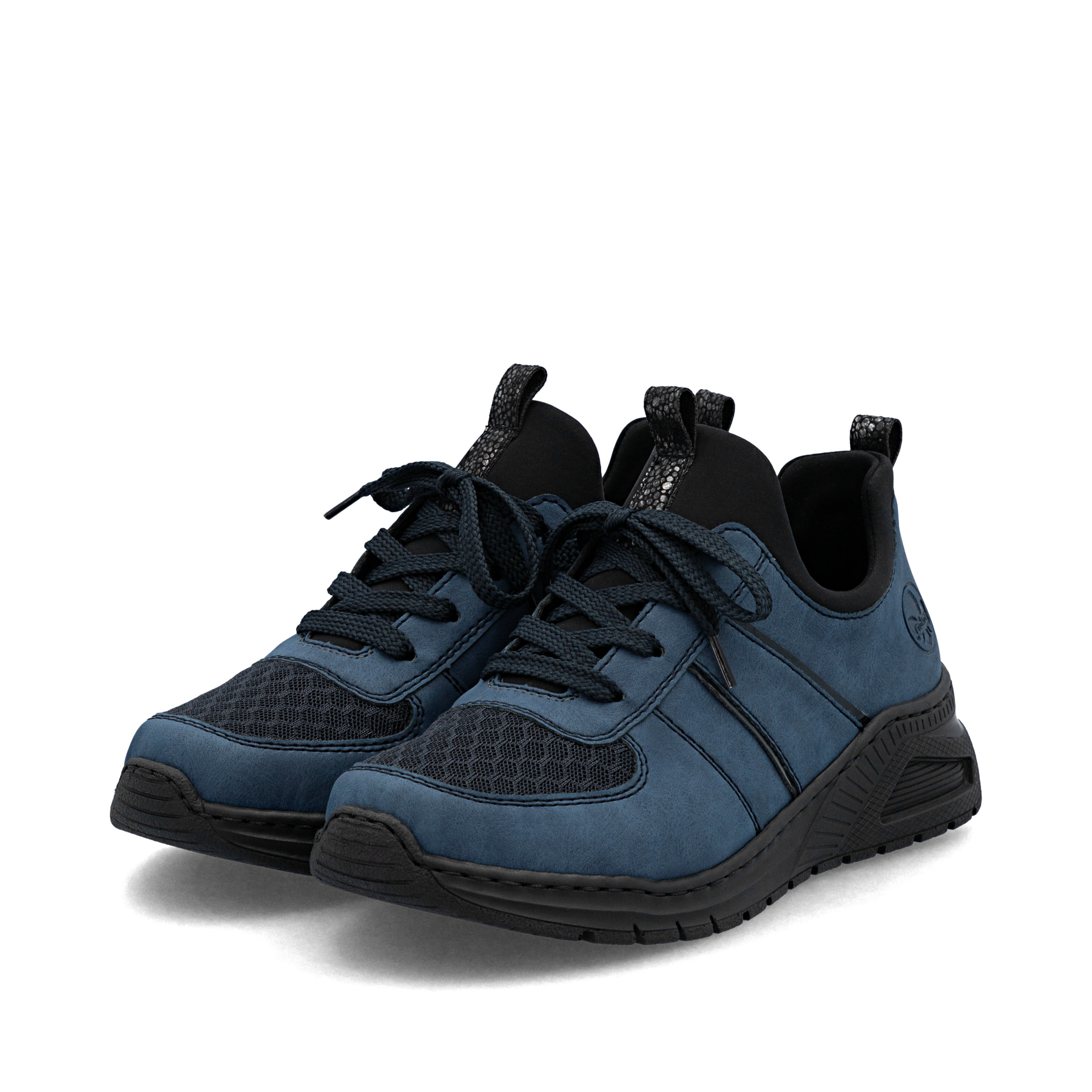 Mocassins Rieker bleus pour femme M4970-14 avec bande élastique. Chaussures inclinées sur le côté.