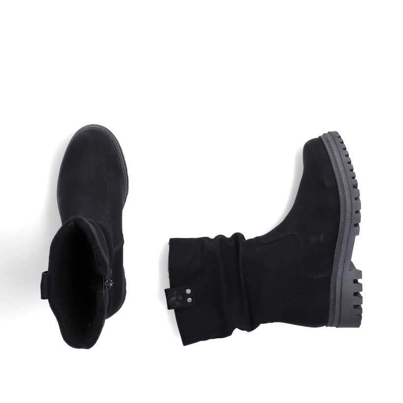 Schwarze Rieker Damen Kurzstiefel Y7681-00 mit gerafftem Schaft. Schuh von oben, liegend.