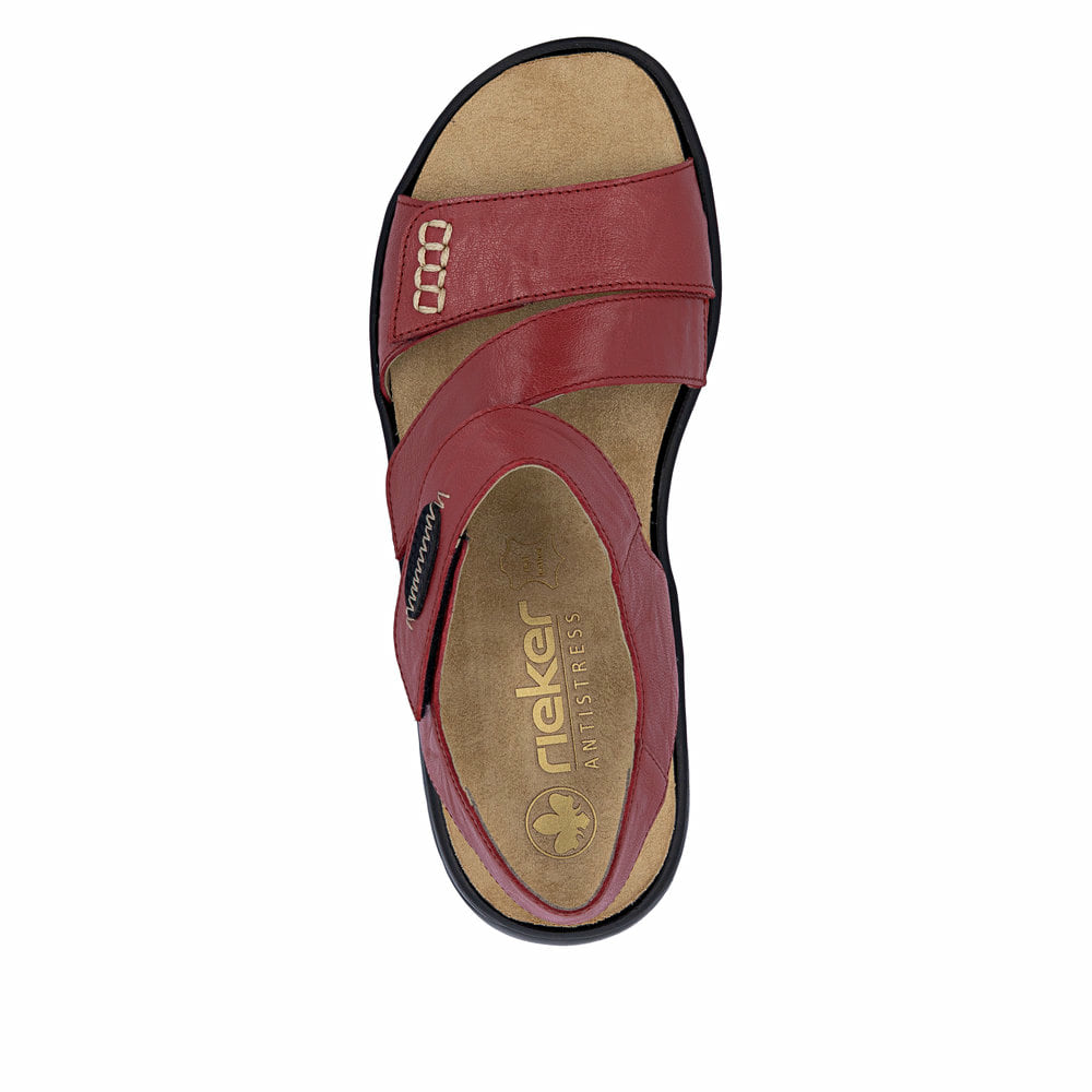 Rote Rieker Damen Riemchensandalen 64573-33 mit einem Klettverschluss. Schuh von oben.