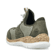 Grüne Rieker Damen Slipper N4245-54 mit einem Gummizug. Schuh von hinten.