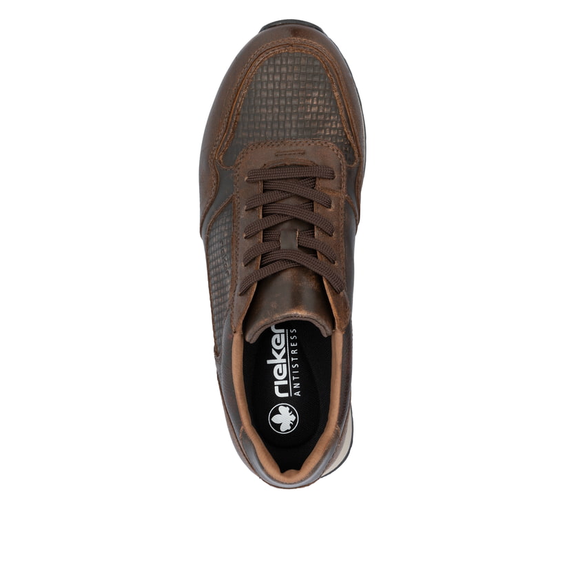 Braune Rieker Herren Sneaker Low U0311-25 aus Glattleder mit einer Schnürung. Schuh von oben.