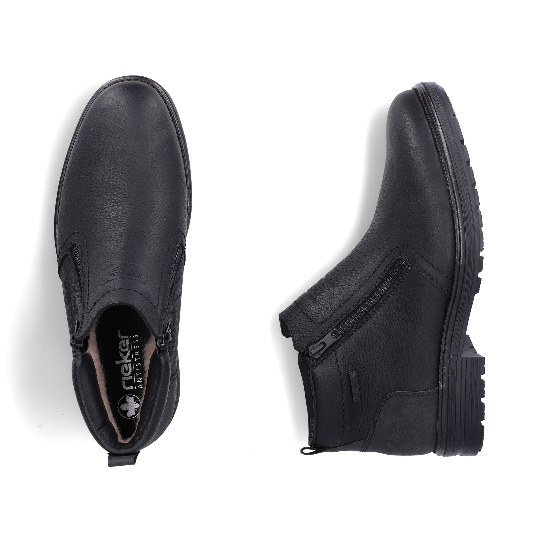 Schwarze Rieker Herren Kurzstiefel 33452-00 aus Glattleder. Schuh von oben, liegend.