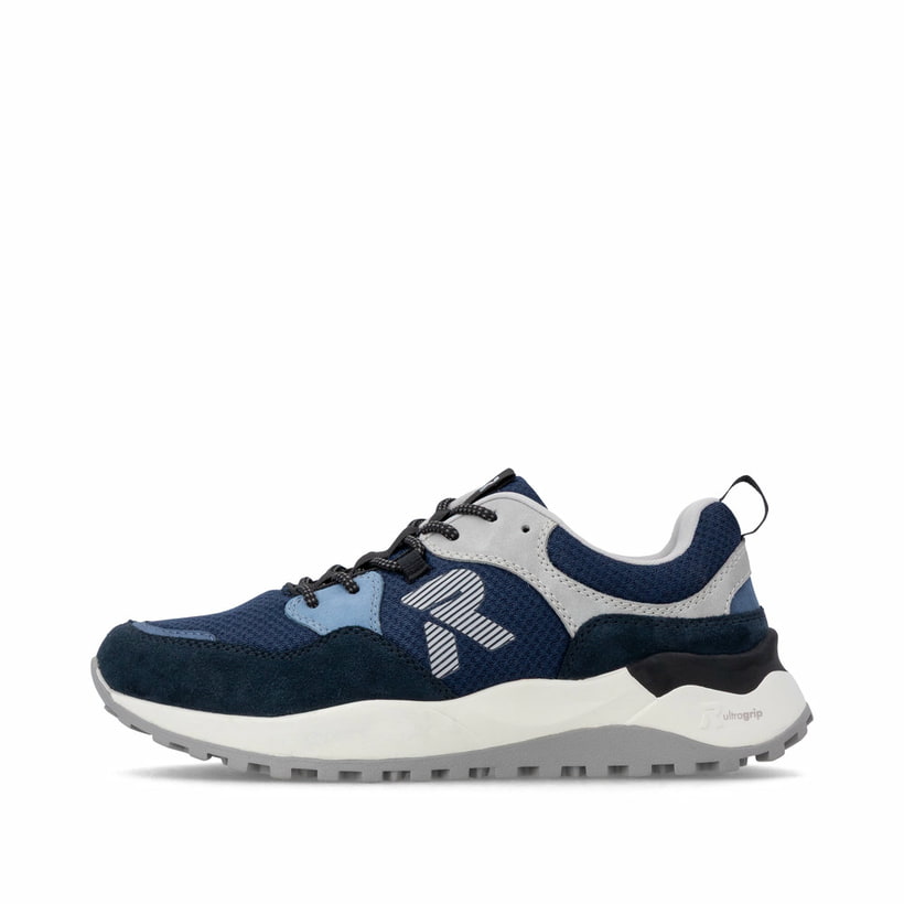 Blaue Rieker Herren Sneaker Low U1305-14 mit Schnürung sowie abgesetztem Logo. Schuh Außenseite.