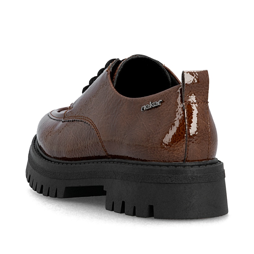 Braune Rieker Damen Schnürschuhe 47500-25 mit einer extra weichen Decksohle. Schuh von hinten.