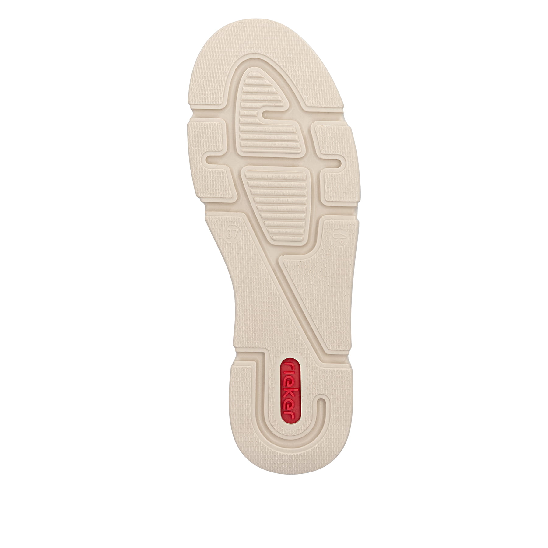 Baskets basses Rieker beiges pour femme N5910-62 avec imprimé animal. Semelle extérieure de la chaussure.