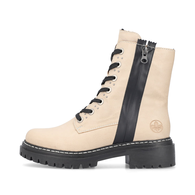 
Vanillebeige Rieker Damen Biker Boots 72634-60 mit Schnürung und Reißverschluss. Schuh Außenseite