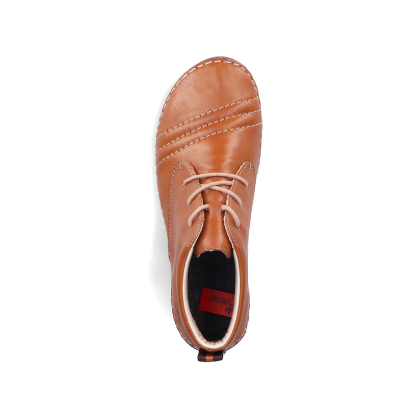 Karamellbraune Rieker Damen Schnürschuhe 52532-24 mit einer schockabsorbierenden Sohle. Schuh von oben