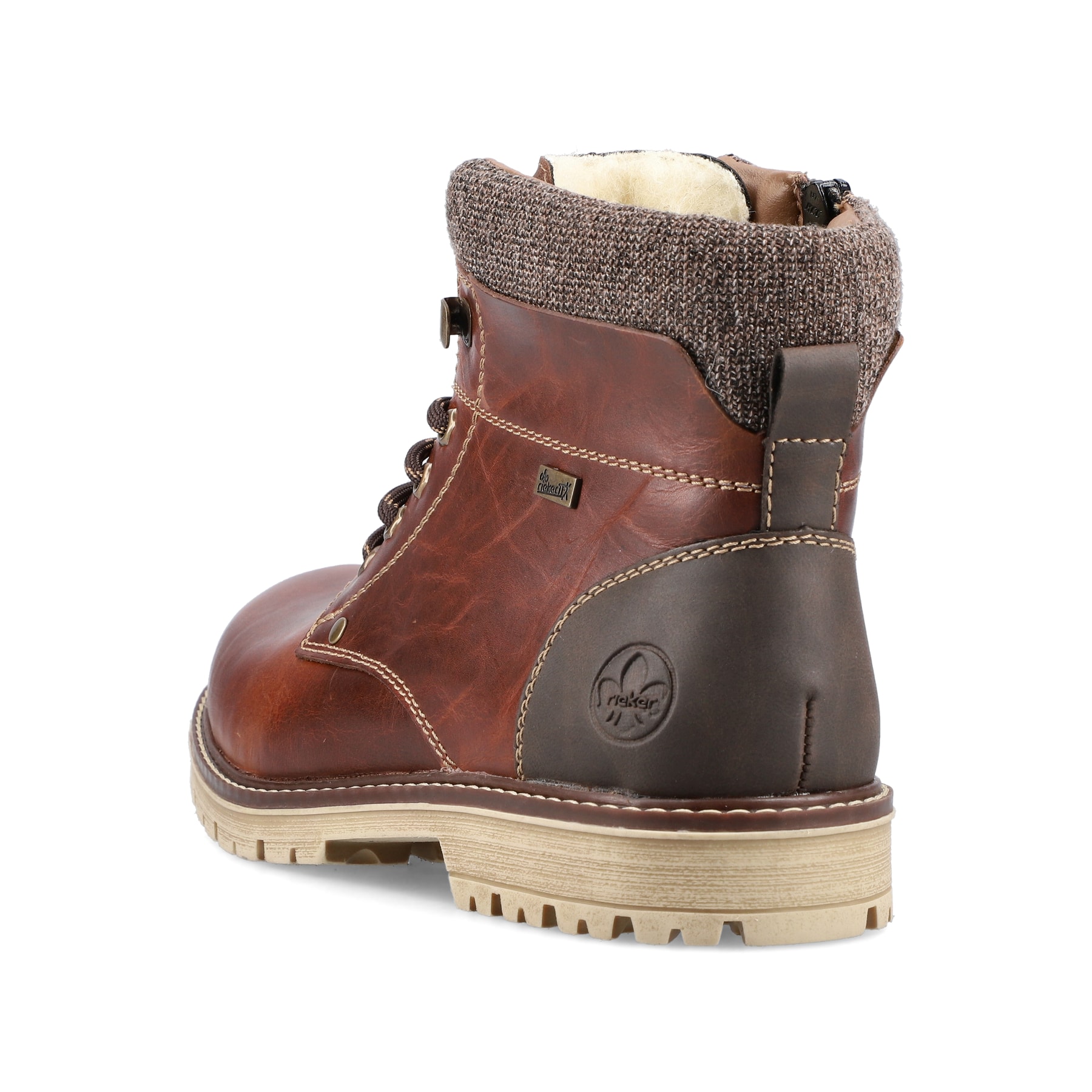 Kastanienbraune Rieker Herren Schnürstiefel F3641-23 mit einer robusten Profilsohle. Schuh von hinten