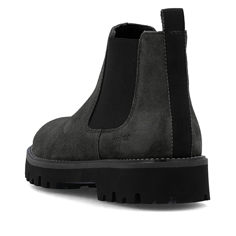 Graue Rieker Herren Chelsea Boots 30453-45 aus Rauleder mit einem Reißverschluss. Schuh von hinten.