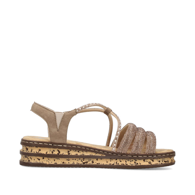 Braune Rieker Keilsandaletten 62977-90 mit Strasssteinen sowie einem Gummizug. Schuh Innenseite.
