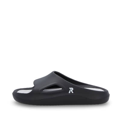 Schwarze Rieker Damen Pantoletten W3450-00 mit flexibler und ultraleichter Sohle. Schuh Außenseite.