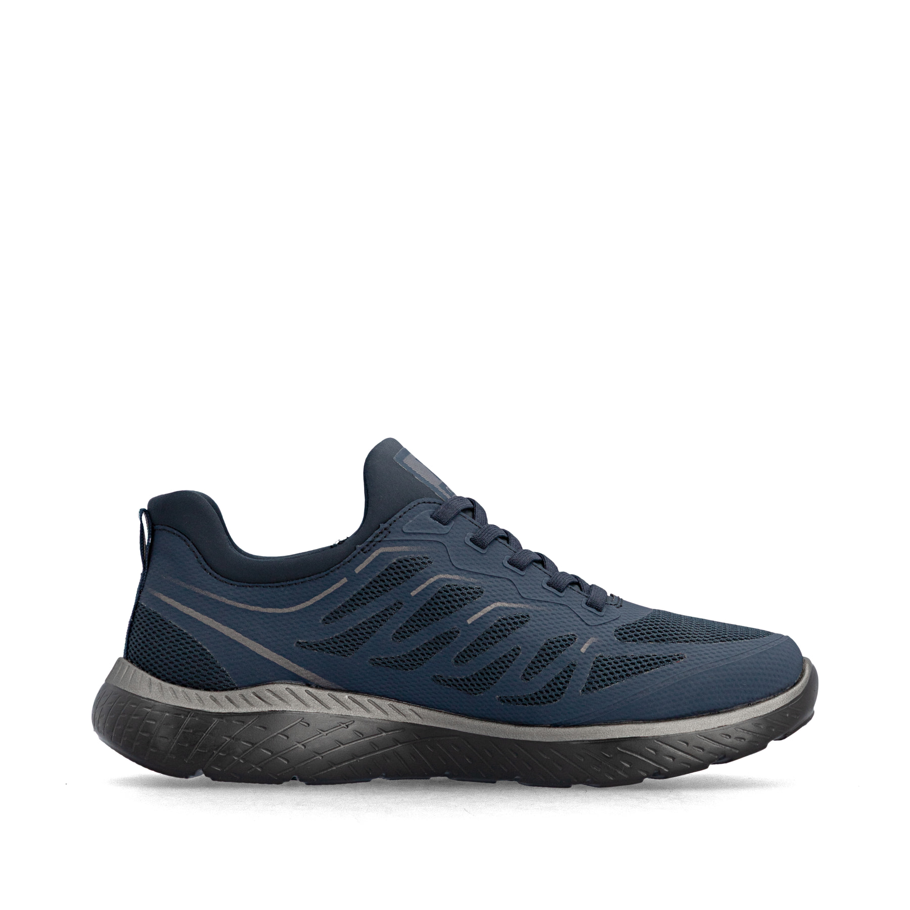 Vegane, dunkelblaue Rieker Damen Slipper M5080-14 mit einem Gummizug. Schuh Innenseite.