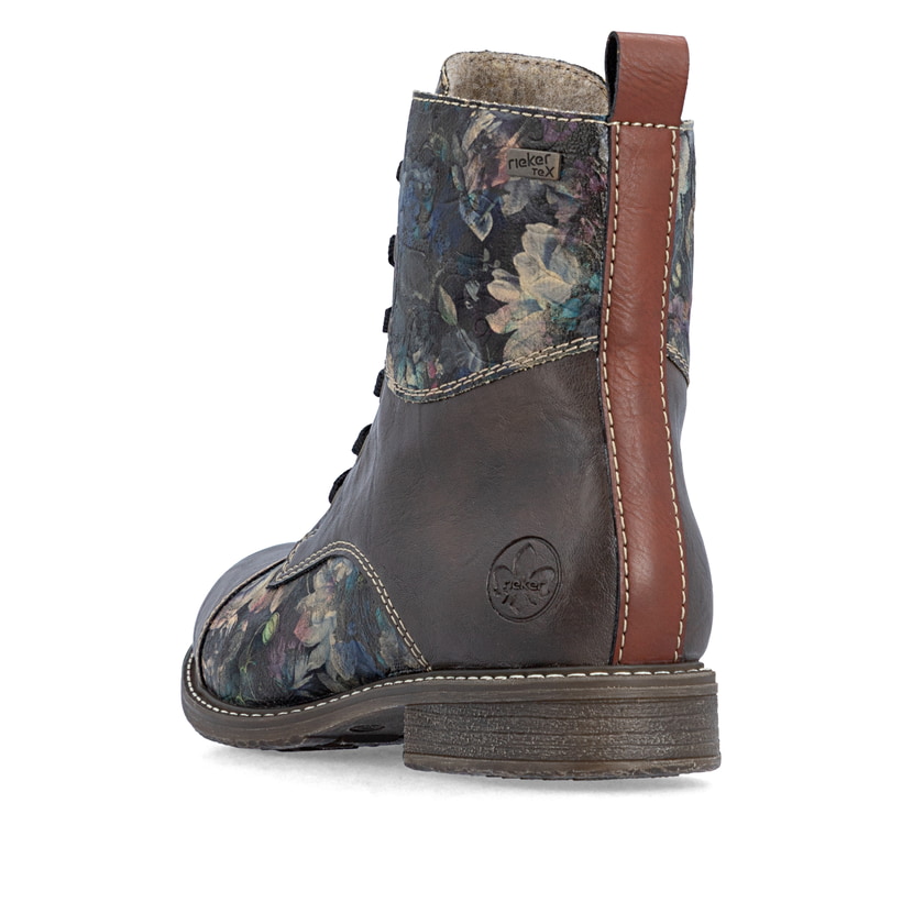 Braune Rieker Damen Schnürstiefel 74800-25 mit wasserabweisender TEX-Membran. Schuh von hinten.
