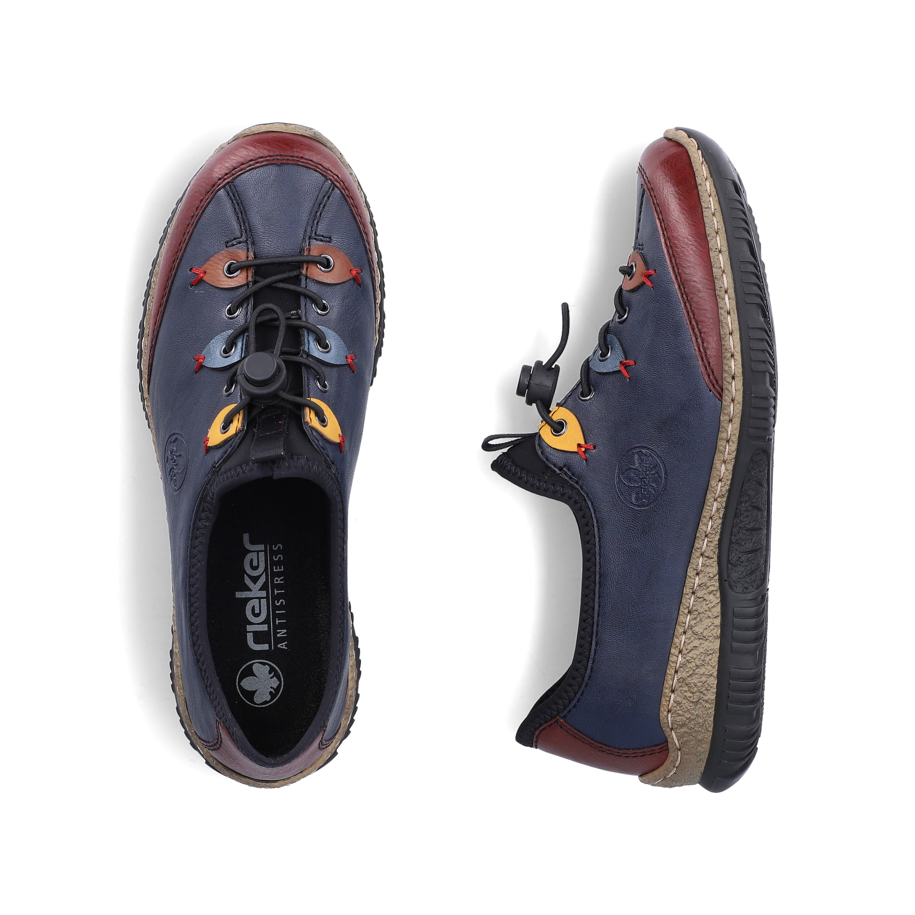 Mocassins Rieker bleus pour femme N3271-35 avec oeillets décoratifs. Chaussure vue de dessus, couchée.