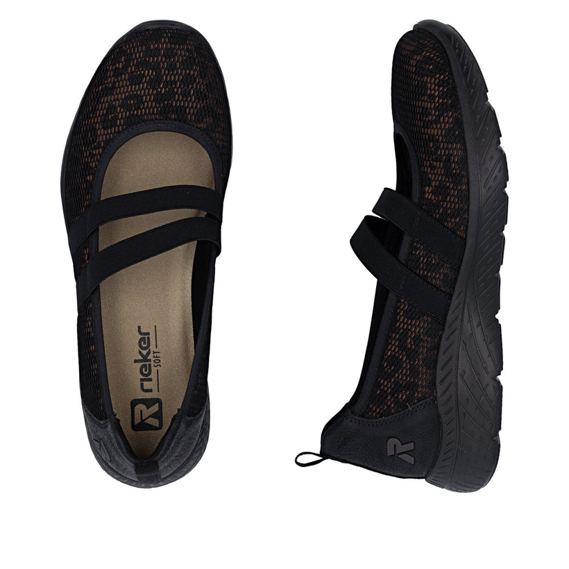 Schwarze Rieker Ballerinas M5075-00 mit einem Gummizug sowie der Komfortweite G. Schuh von oben, liegend.