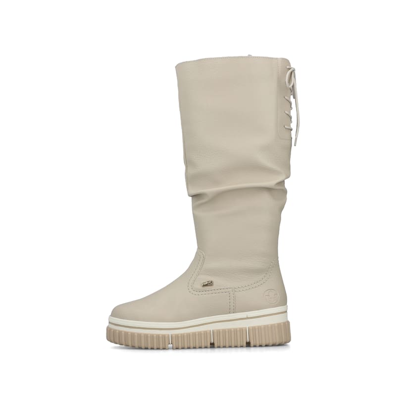 Cremefarbene Rieker Damen Hochschaftstiefel Y6370-60 mit gerafftem Schaft. Schuh Außenseite.
