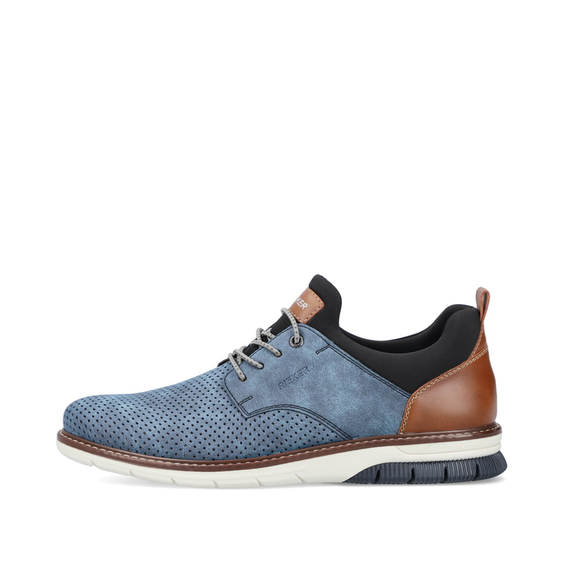Blaue Rieker Herren Slipper 14450-14 mit einem Gummizug sowie Komfortweite G 1/2. Schuh Außenseite.
