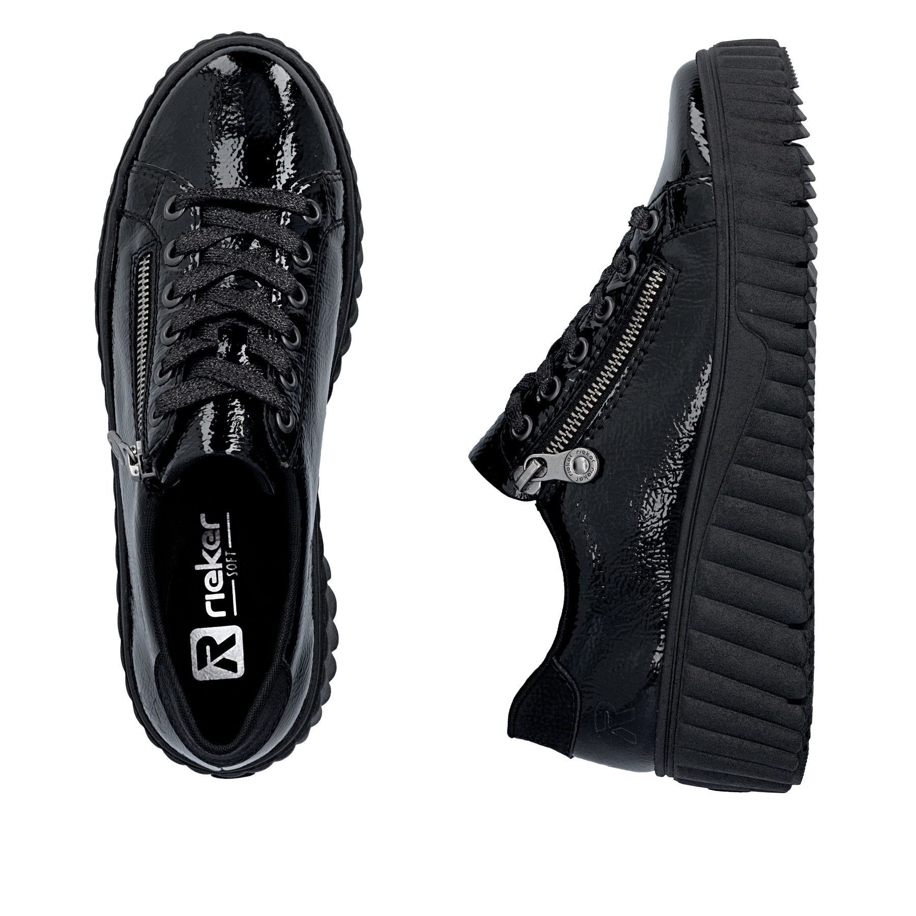 Baskets basses Rieker noires pour femme N2501-00 en cuir verni. Chaussure vue de dessus, couchée.