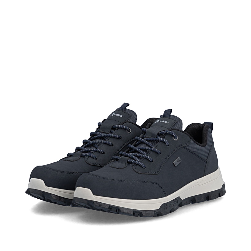 Dunkelblaue Rieker Herren Schnürschuhe 35503-15 mit der Komfortweite G. Schuhpaar seitlich schräg.