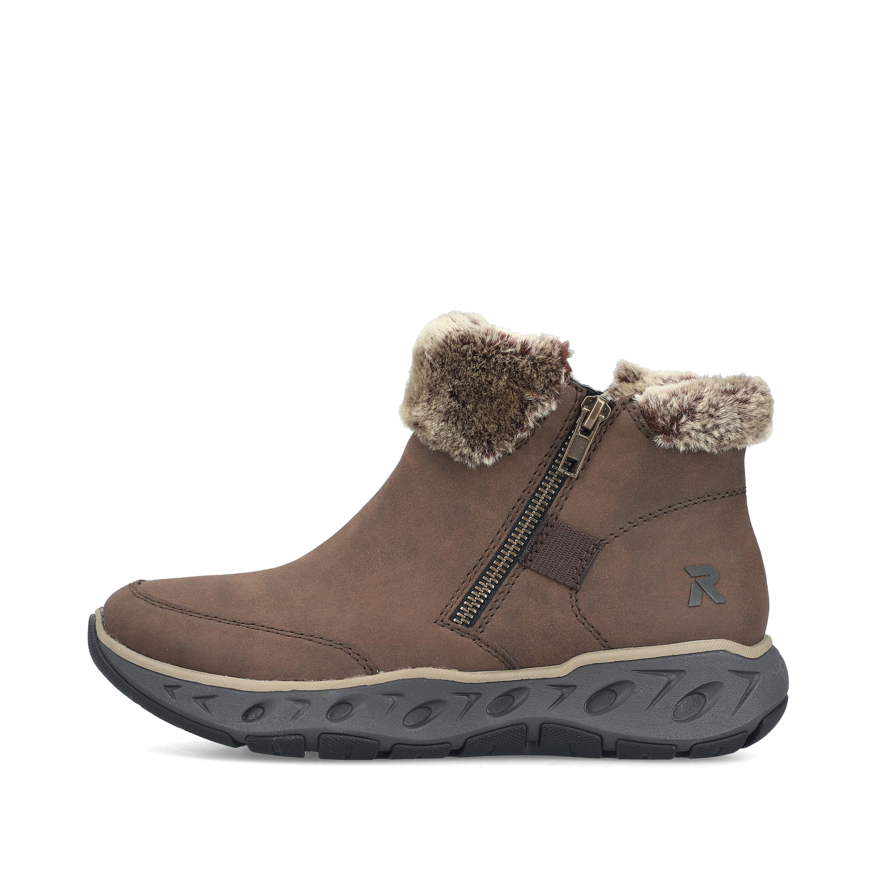 Braune Rieker Damen Kurzstiefel M6560-25 mit Fellkragen sowie Reißverschluss. Schuh Außenseite.