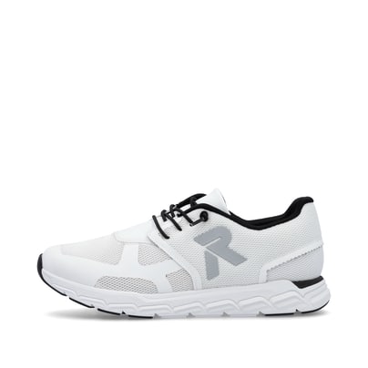 Weiße Rieker Damen Sneaker Low M9000-80 mit Gummischnürung sowie flexibler Sohle. Schuh Außenseite.