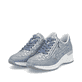 Blaue Rieker Damen Sneaker Low N4316-13 mit Reißverschluss sowie Komfortweite G. Schuhpaar seitlich schräg.