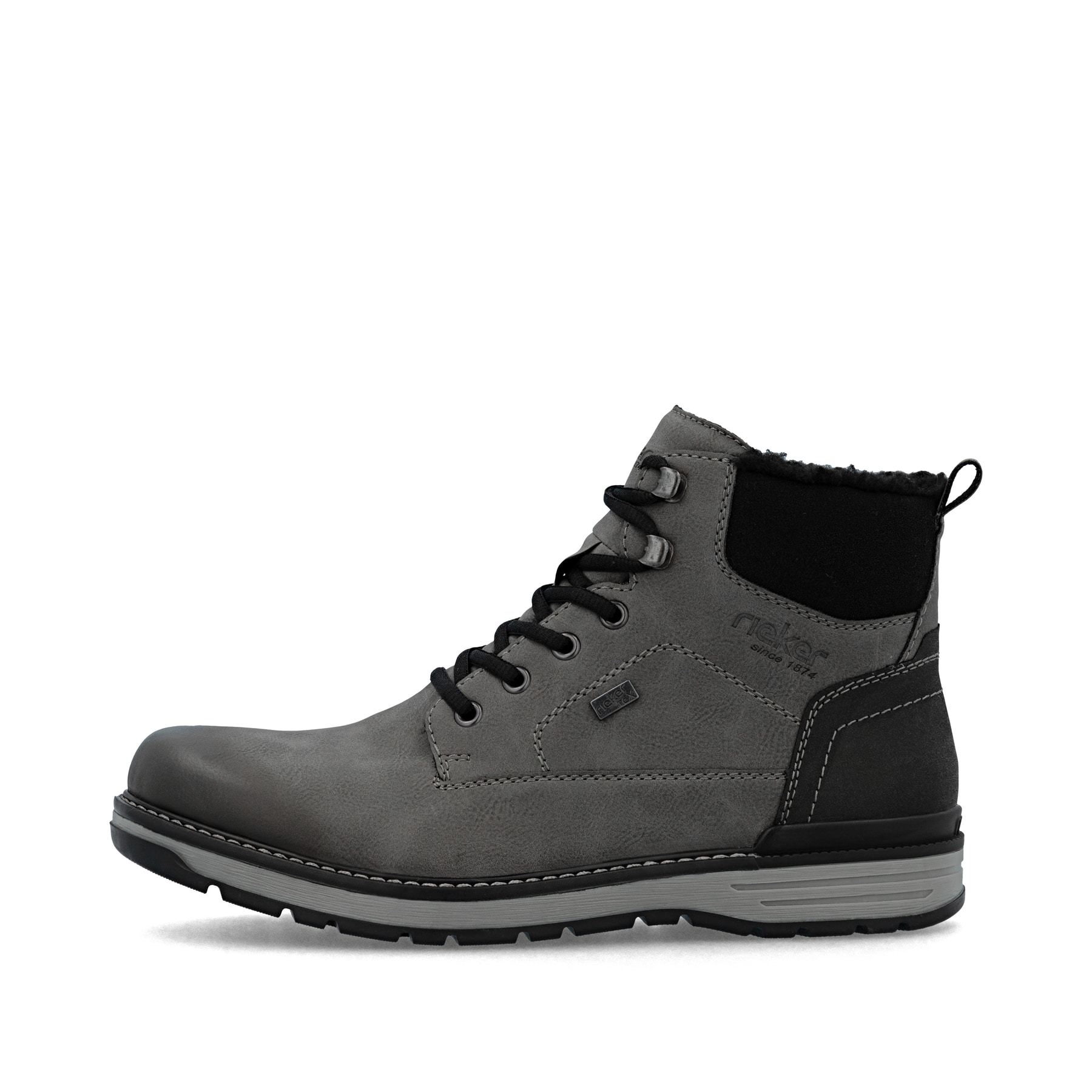 Graue Rieker Herren Schnürstiefel 39442-45 mit wasserabweisender TEX-Membran. Schuh Außenseite.