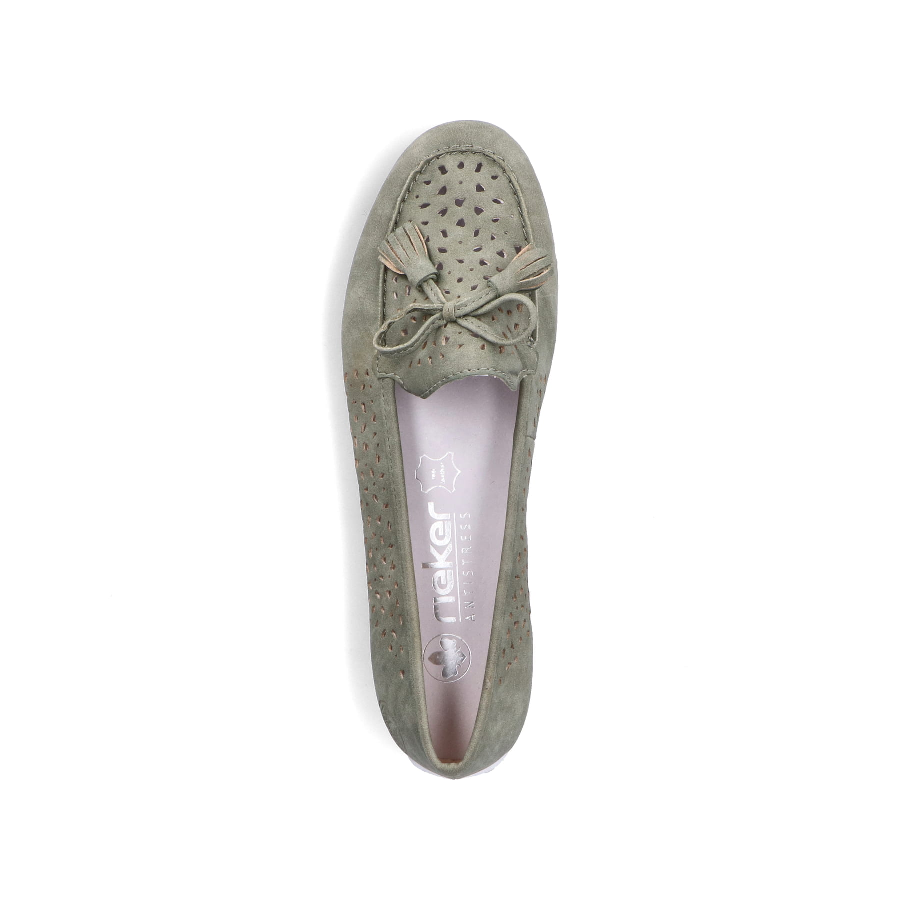 Grüne Rieker Damen Loafer 46886-52 in Löcheroptik sowie extra weicher Decksohle. Schuh von oben.