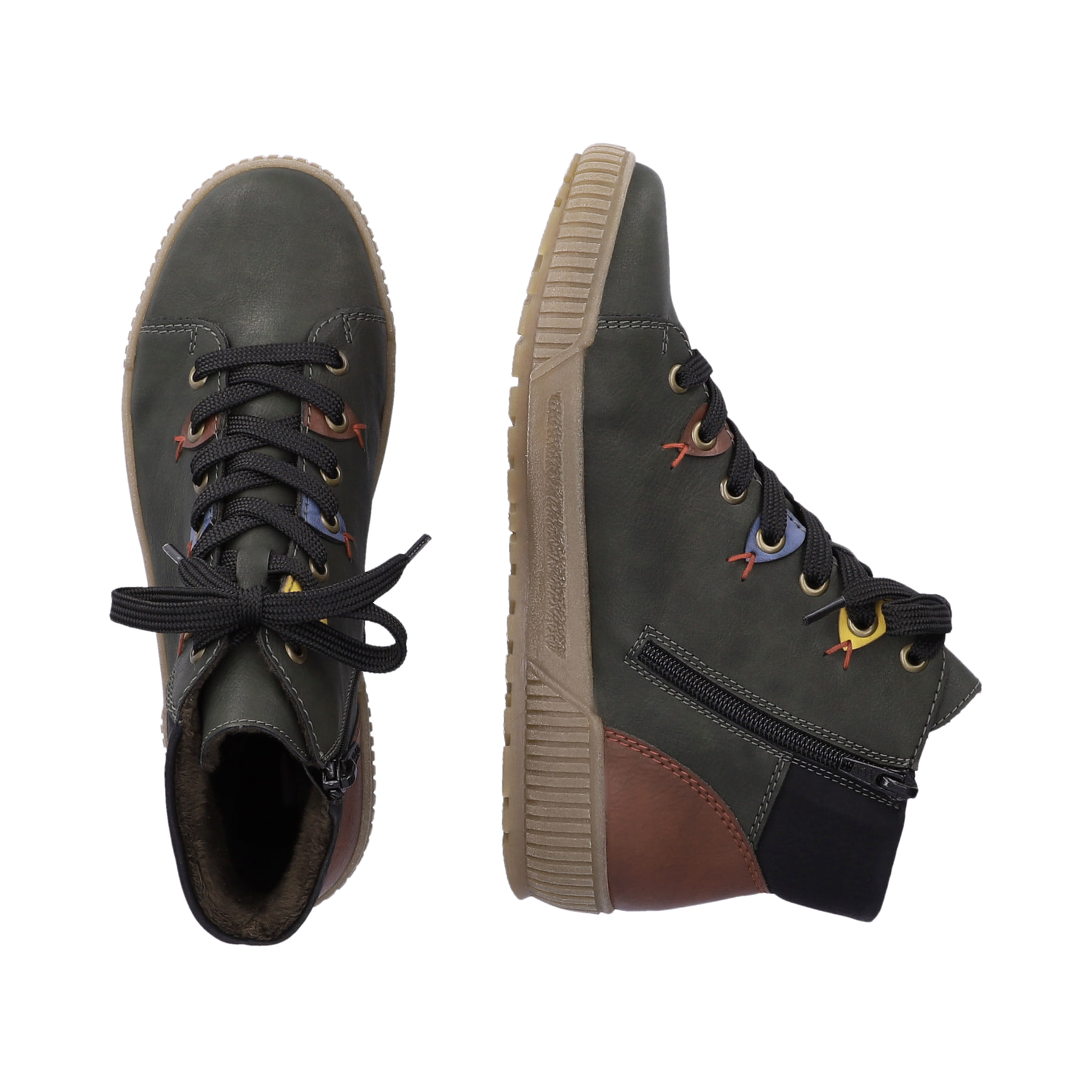Mehrfarbige Rieker Damen Schnürstiefel N0711-54 mit Ösen-Verzierung. Schuh von oben, liegend.