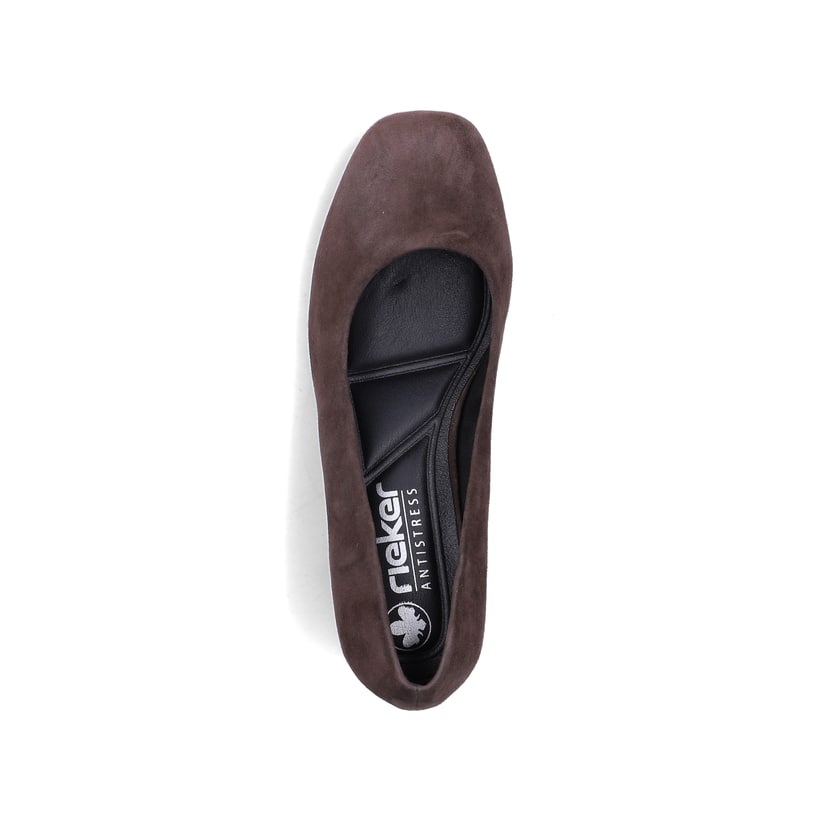 Braune Rieker Pumps 44750-25 aus Rauleder mit einer griffigen Sohle. Schuh von oben.