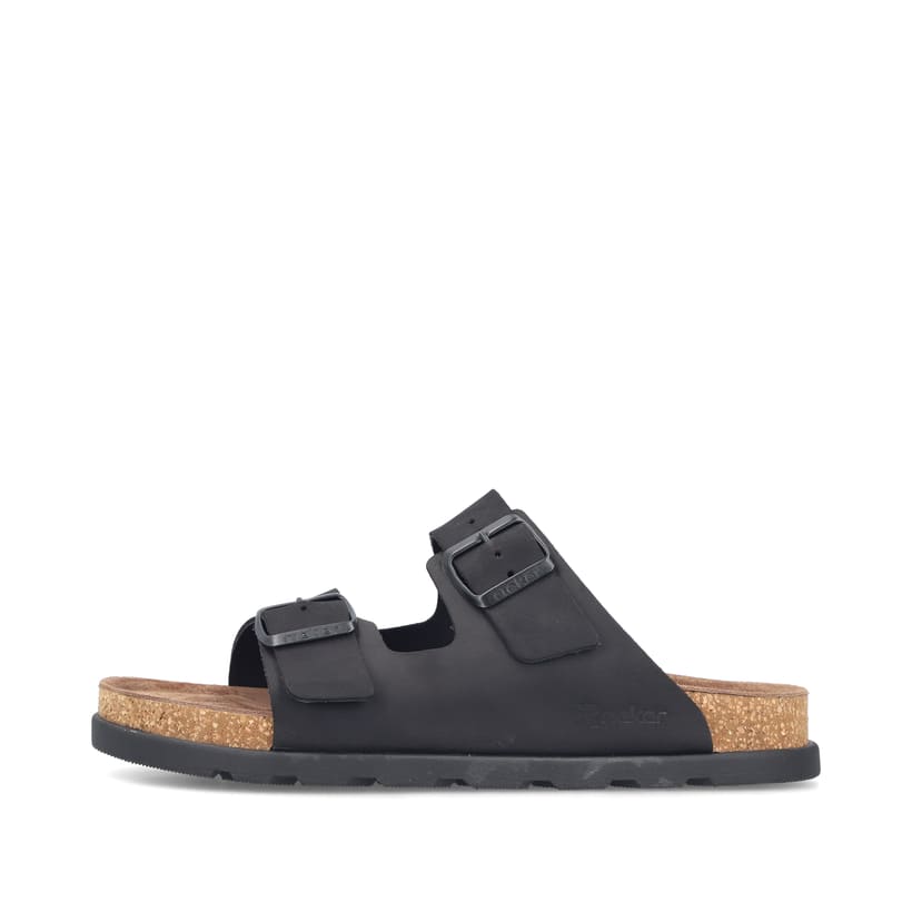 Mules Rieker noires pour homme 21190-00 avec boucles. Côté extérieur de la chaussure.