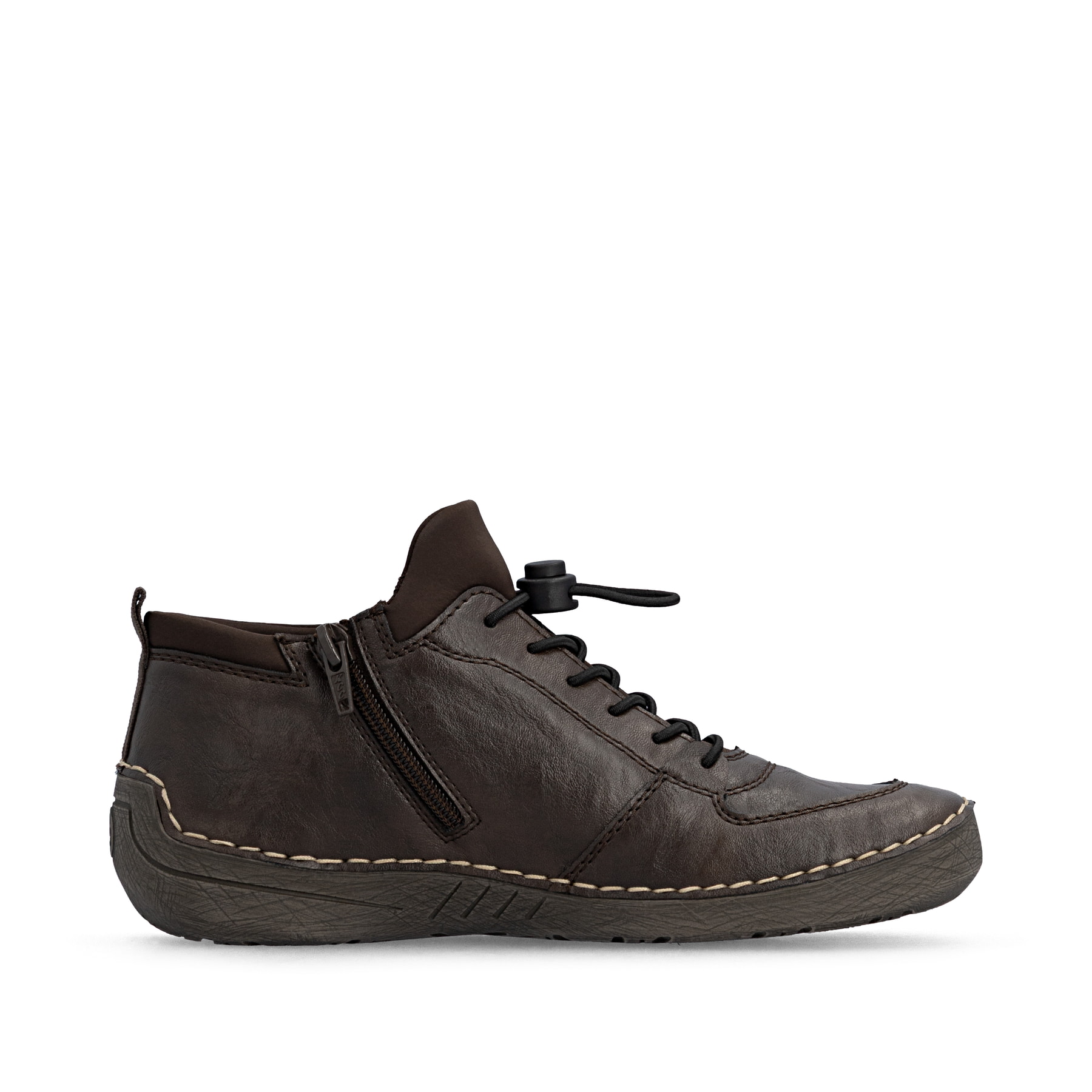 Dunkelbraune Rieker Damen Kurzstiefel 52557-25 mit einem Reißverschluss. Schuh Innenseite.