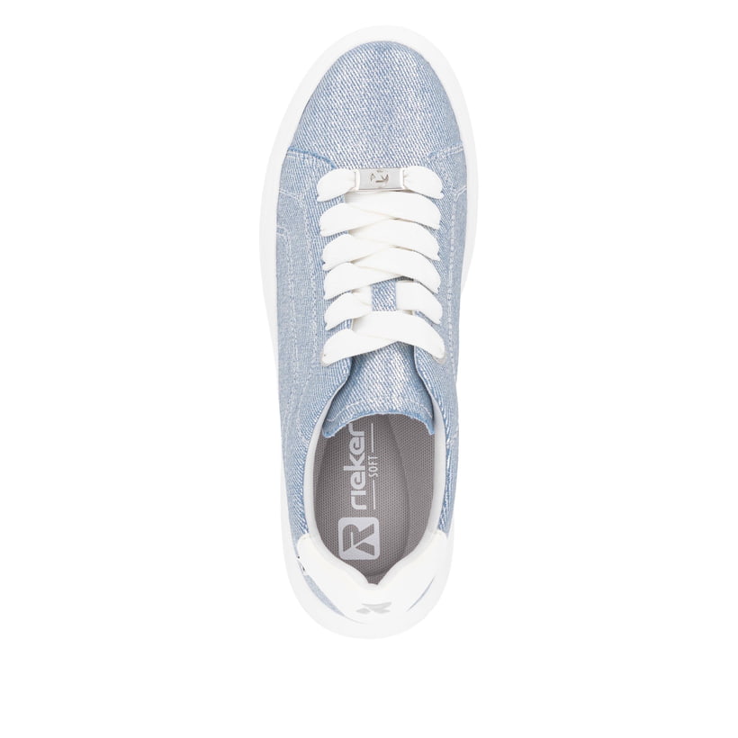 Baskets basses Rieker bleues végétaliennes femme W2302-14 avec lacets. Chaussure vue de dessus.