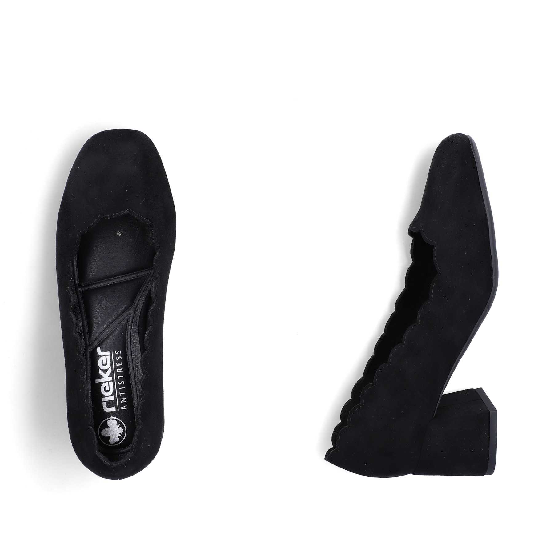 Schwarze Rieker Pumps 44767-00 mit einer griffigen Sohle. Schuh von oben, liegend.